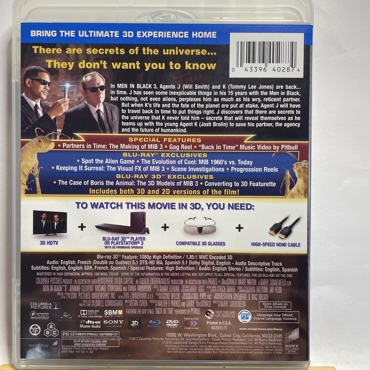Men in Black 3 (Blu-ray, 3D Blu-ray & DVD, 2012) w/ 3-D Slipcase