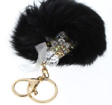 Rhinestone Bling Gold Tone Key Chain Fob Purse Charm Pom Pom Puff