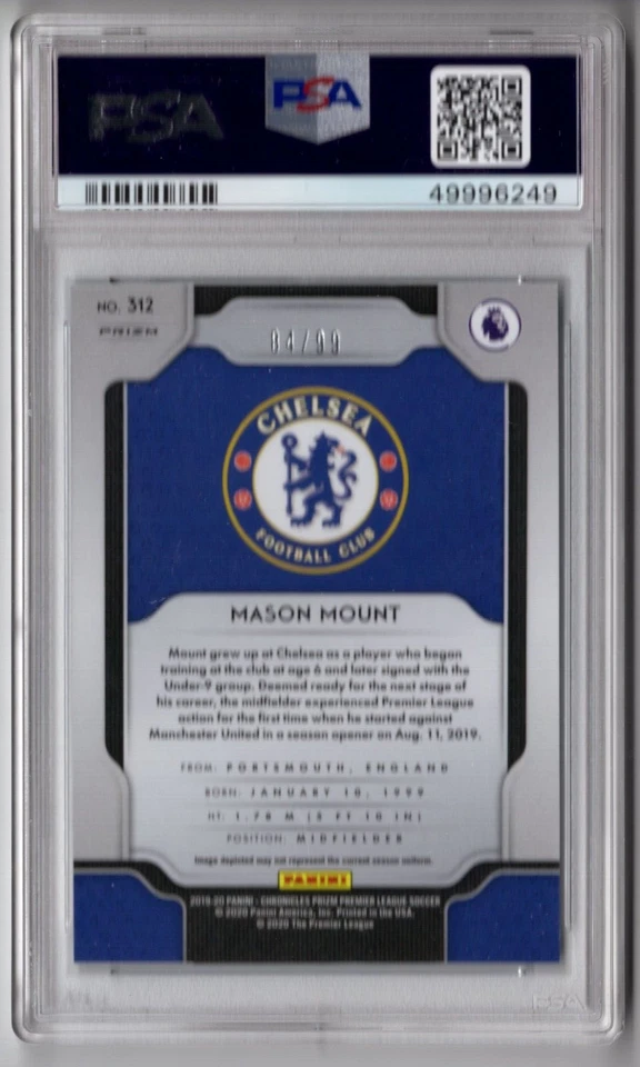 Mason Mount 2019-20 Chronicles EPL Prizm Blue Ice 312 Rookie RC PSA 9 Man United - Image 2 of 2
