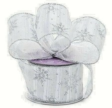 White Silver Snowflake Christmas Ribbon - 2 1/2" x 10 Yards, Wired, Wreath Decor