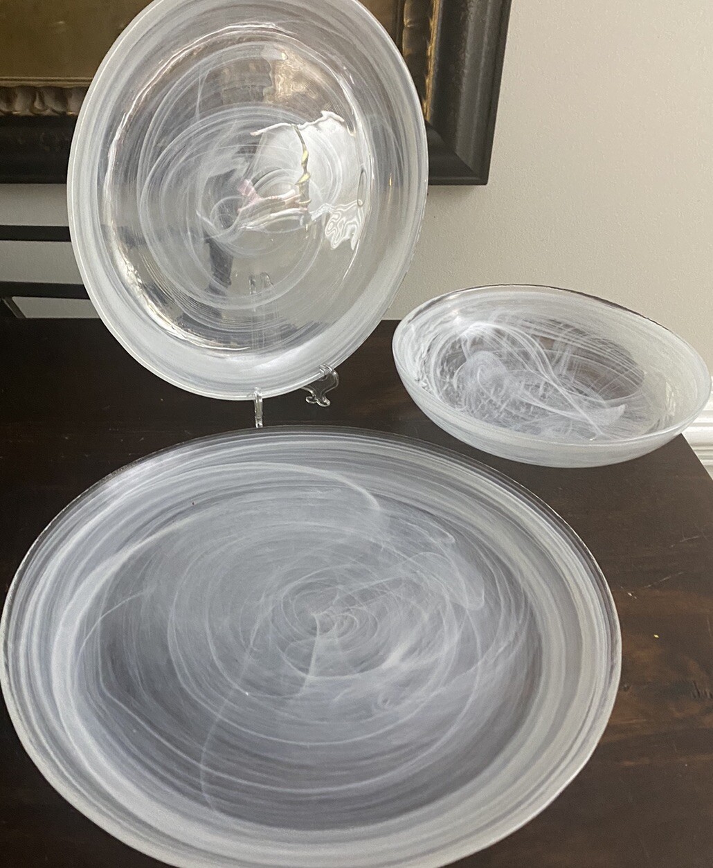 Set of 3. Beautiful White Swirl Unique Glass 8.25