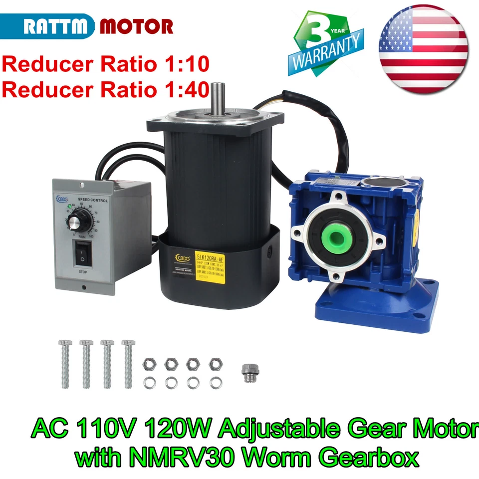 RATTMMOTOR 〖US〗120W AC Adjustable Variable Gear Motor 110V NMRV30 1600RPM w/ Speed Governor