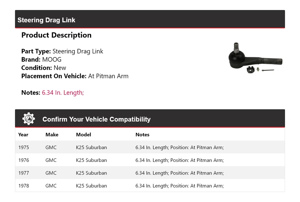 Eslabón de arrastre de dirección suburbano GMC K25 1975-1978 en brazo Pitman MOOG 1975 1976 Foto 2 de 4