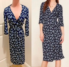 Reformation X-Small EUC Carrie Wrap Dress Navy Blue Floral Midi 3/4 Sleeve $248