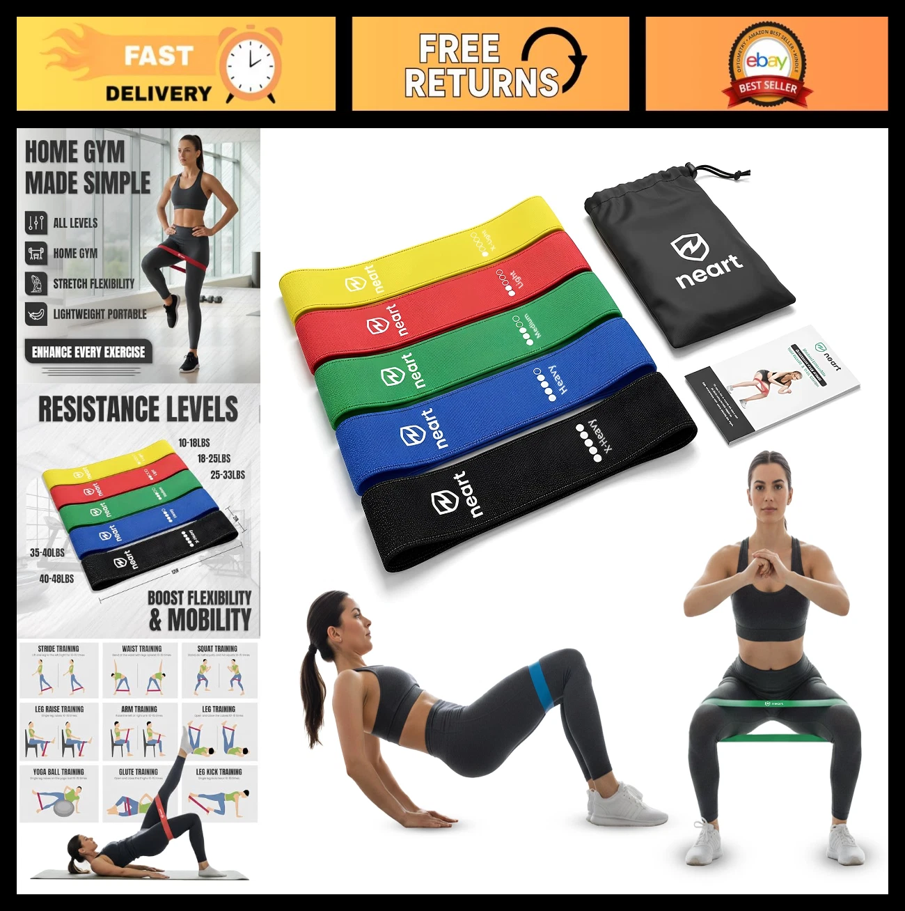 Premium Fabric Resistance Bands Set of 5 - Non-Slip Workout Bands for Legs & Glu
Opens in a new wind