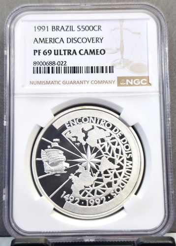 1991 BRAZIL SILVER 500 CRUZEIROS AMERICA DISCOVERY NGC PF 69 ULTRA CAMEO TOP POP