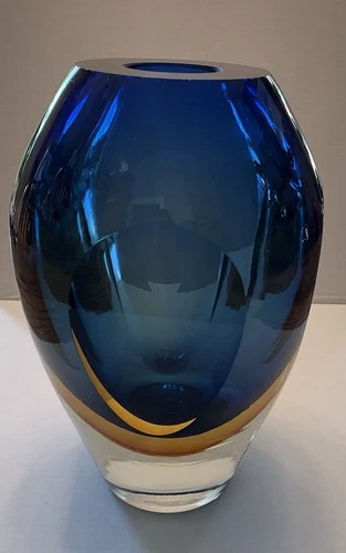 Vintage Murano Cobalt Blue Yellow Sommerso  8” Glass Vase Italy  50s..Stunning