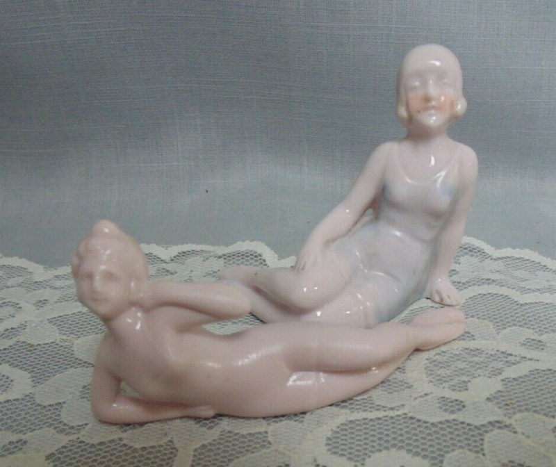 Two Antique German Bathing Beauty Lady Figurines Marked Germany