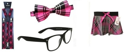 Streber Nerd Kostüm Zubehör Set 4-teilig Brille rosa Fliege Hosenträger Rock Kostüm