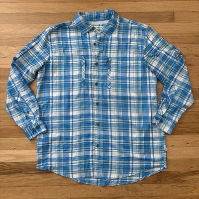 Men s Magellan Fishing Shirt Blue Plaid Button Up  Size Large Fish Gear FLAW