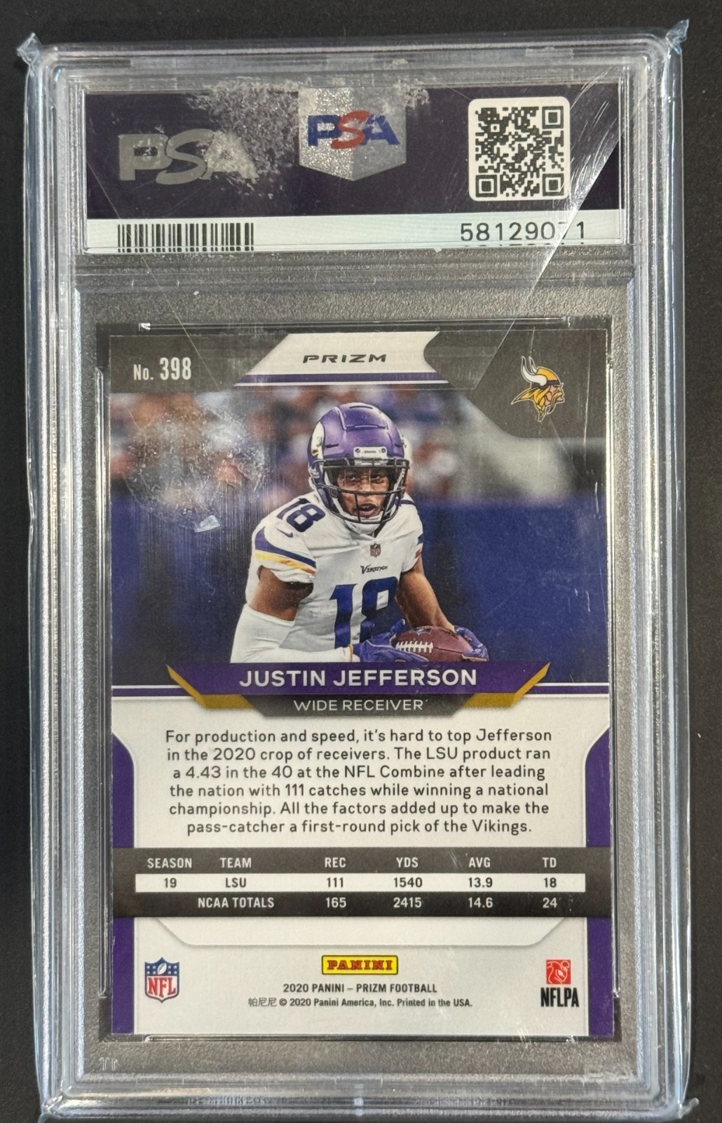 Panini 2020 Prizm Justin Jefferson Orange Disco Prizm RC #398 PSA 10 Vikings RC view 2