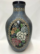 BODENVASE AMPHORA TURN TEPLITZ, JUGENDSTIL VASE, KERAMIK, DEKOR BLUMEN, 34,5 CM