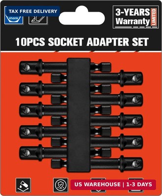 BLACKROBOT 10-Piece Impact Socket Adapter Set, 1/4'' Hex Shank to 3/8'' Square Dri
