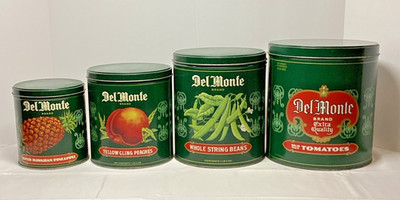 Set of 4 Del Monte Advertising canister set Tomatoes,Beans, Peaches, Pineapples
