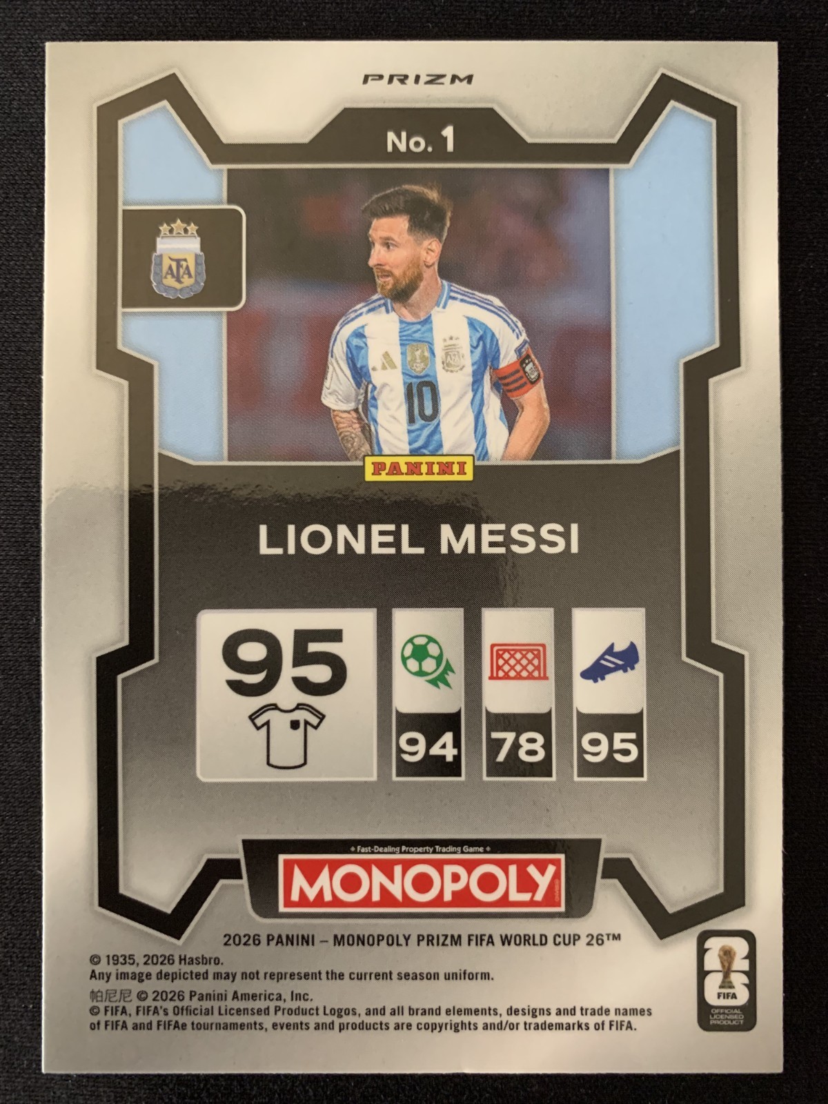 2026 Panini FIFA World Cup Prizm Monopoly LIONEL MESSI Blue Wave Corners SP view 2