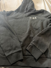 PINK Victoria's Secret Black Fleece Pullover Hoodie Logo Pockets Women's M