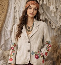 Caite Embroidered Linen Blazer Size L Beige Tan Floral Boho Western Cowgirl