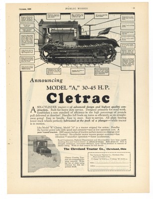 1926 Cleveland Tractor Ad: CLETRAC Model a w. Features Detailed in Schematic