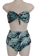 Beach Joy Tropical Palm 2-Piece Strappless Top High Waist Bottom Bikini
