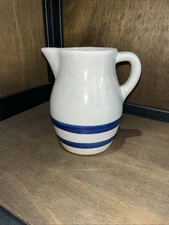 Robinson Ransbottom Roseville Ohio Pottery Stoneware Pitcher Blue Stripes 1 Qt