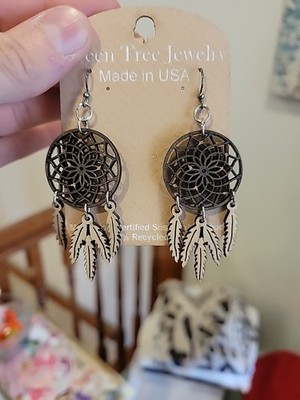 Green Tree Jewelry Wooden Earrings Dream Catcher Brown NEW