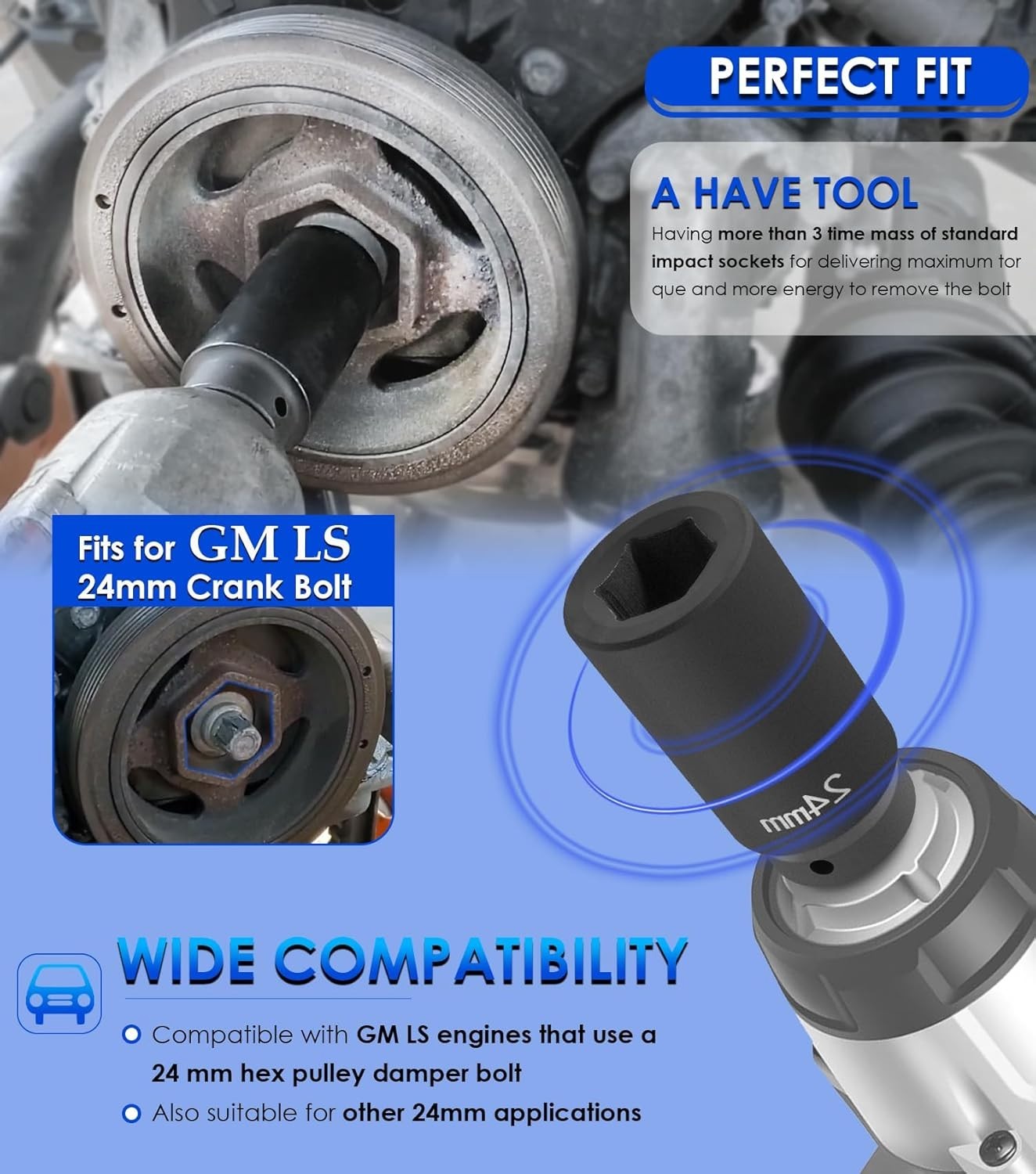 For GM LS 24mm Crank Bolt Socket 77070 Harmonic Balancer Socket Tool, 3 Times... thumbnail 4