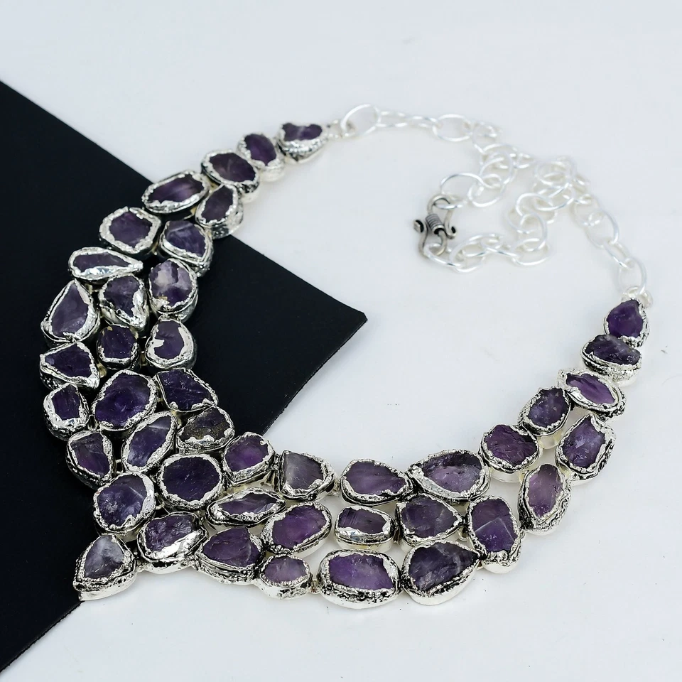 Naturale Crudo Ametista Gemma 925 Argento Gioielli Collana Regalo di Compleanno - Immagine 3 di 4