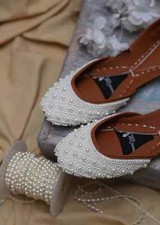 Fancy Embroidery Jutti Khussa Shoes for women Indian Pakistani White Pearl