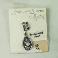 Vintage Beau Sterling Silver Simulated Pearl Tennis Racket Racquet Charm On Card