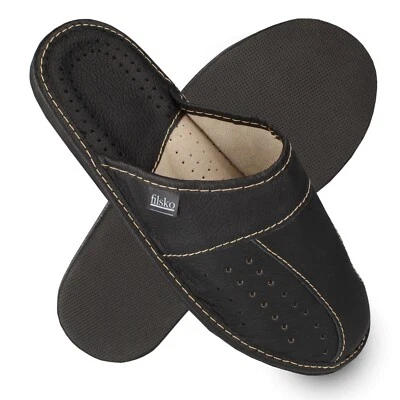 Herren Leder Hausschuhe schwarz Lüftungslöcher Slip-On Gr. 40-50 filsko Wolmar - Bild 1 von 4