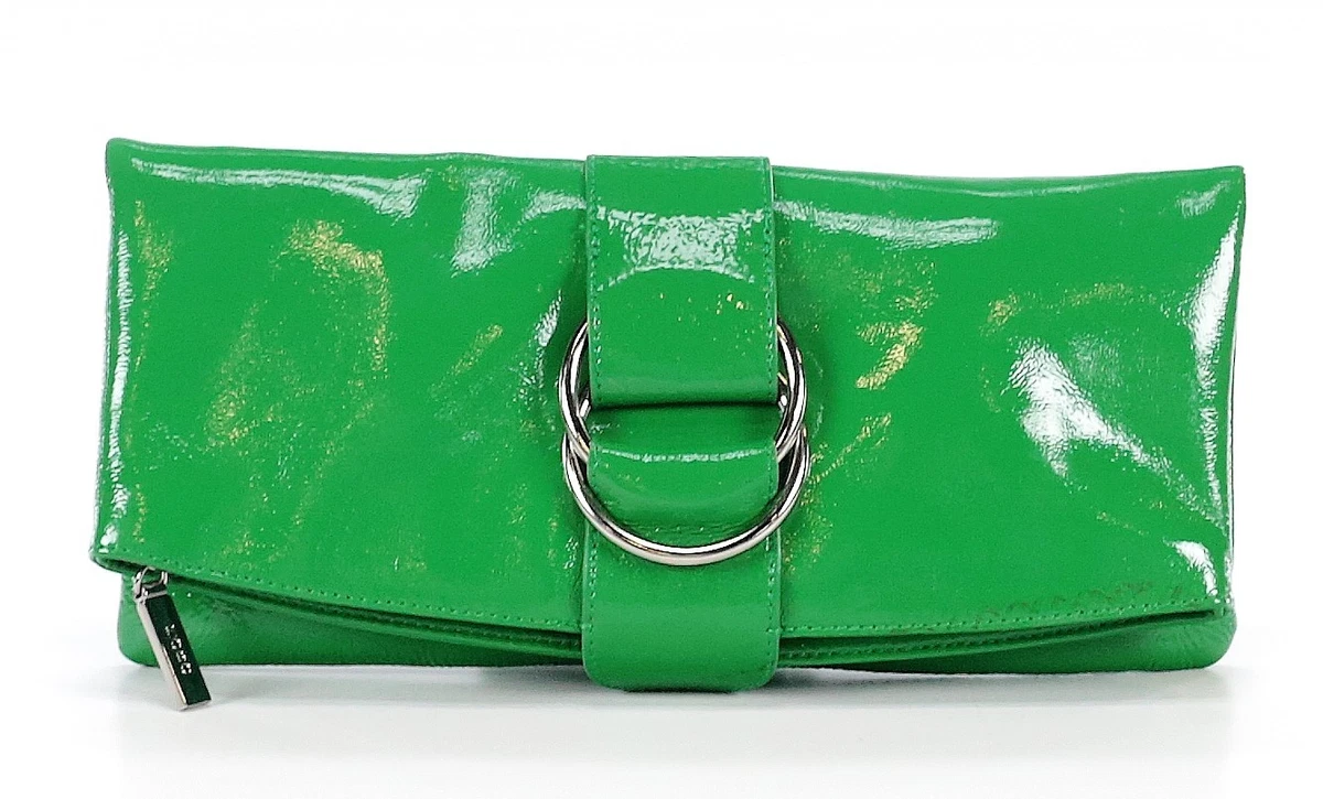 HOBO INTERNATIONAL TINA FOLDOVER BUCKLE CLUTCH BAG GREEN PATENT LEATHER HANDBAG