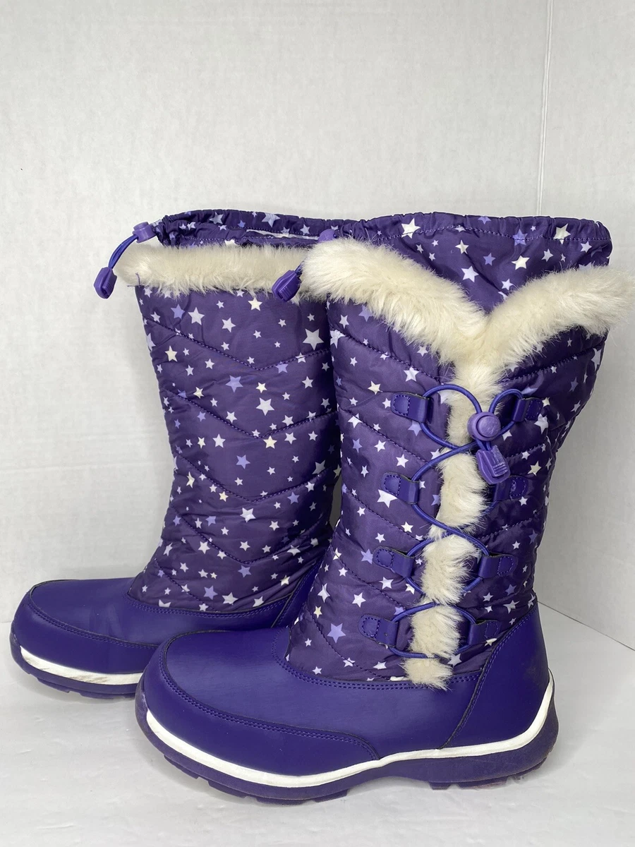 LANDS End Girls Winter Snow Boots Purple Stars Size 6m Faux Fur Trim