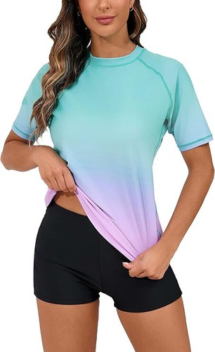Women's Rash Guard 2 Piece Short Sleeve Swim Shirt with Shorts UPF 50 - Medium