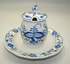 Meissen Blue Onion Mustard Jar w/Underplate