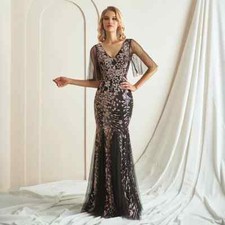 Elegant Sequin V-Neck Evening Dress Short Sheer Sleeves Floor-Length Gown Formal