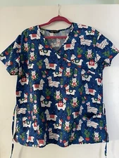 Tie Back Llama Christmas Holiday Srubs Scrub Top shirt short sleeve v-neck L