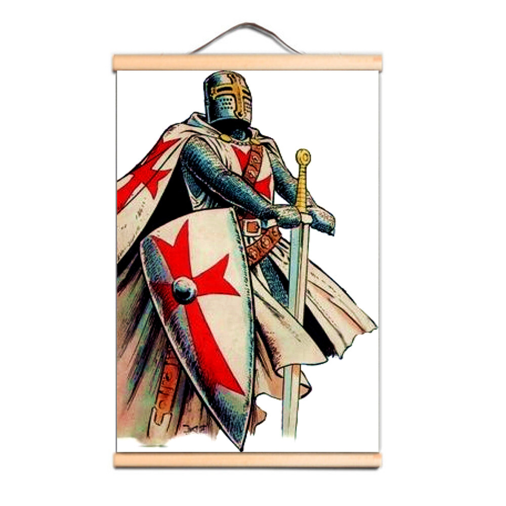 Crusader Wall Art Poster Vintage Knights Templar Solid Wood Scroll Painting A1-image
