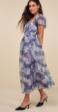 NWT Lulus Women Lovely Statement Purple Floral Organza Tie-Back Midi Dress Large