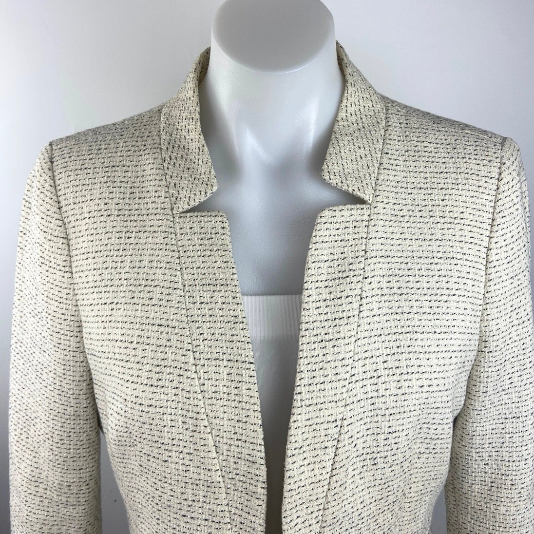 Mango Yellow Tweed Open Front Long Sleeve Career Business Blazer Suit Jacket L thumbnail 4
