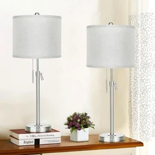 Brushed Nickel Table Lamps Set of 2: 22" to 30" Height Adjustable Nightstand Lam