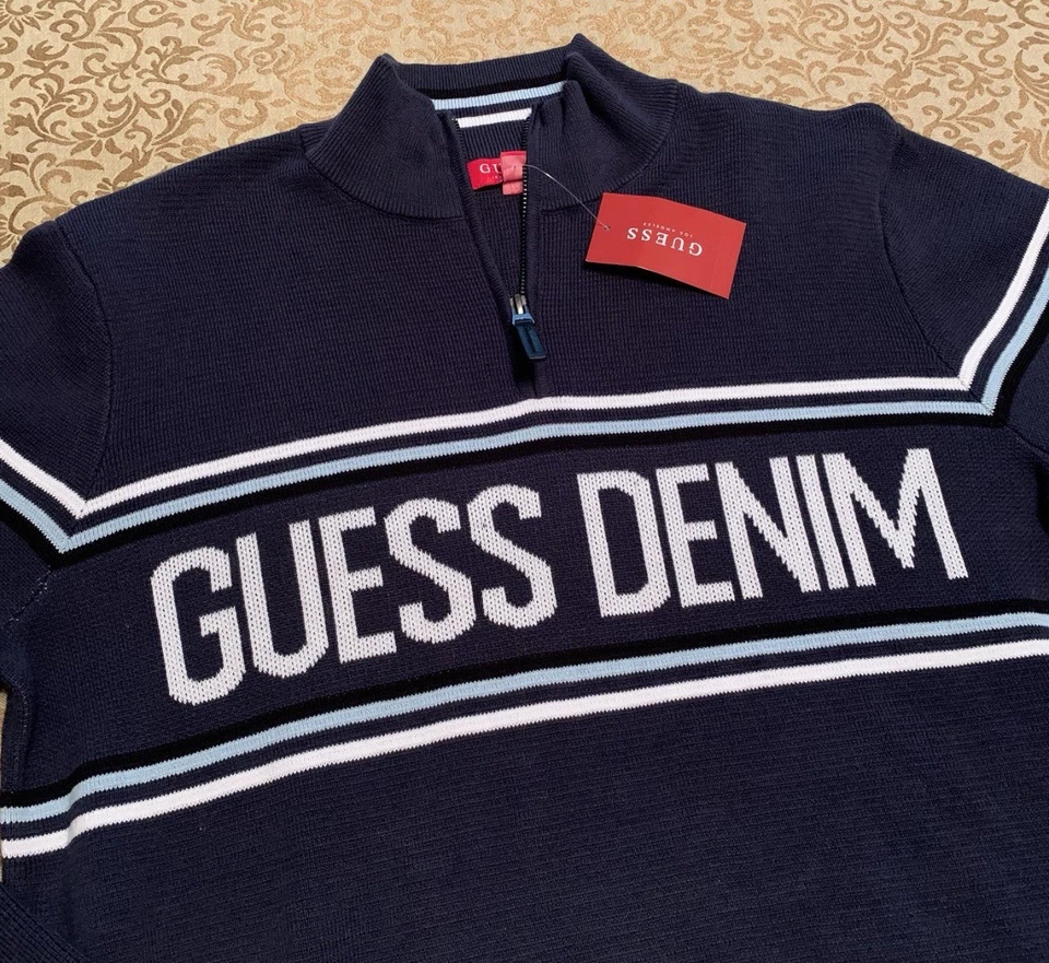 Guess Sweater Mens Medium Blue 1/4 Zip Pullover Fleece Spell Out VTG Y2K - Image 2 of 4