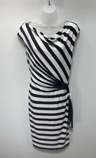 Ralph Lauren Women's Dress White Blue Striped Belted Stretch Lined Sheath 8