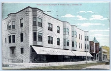 Postcard Lincoln IL Scene Corner Kickapoo & Perkins Sts Millers Cash Store C130