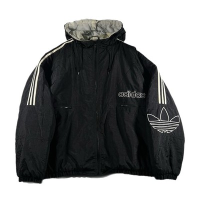 Vintage 80s Adidas Men's Three-Stripe Hooded Full-Zip Puffer Jacket Black (XL)