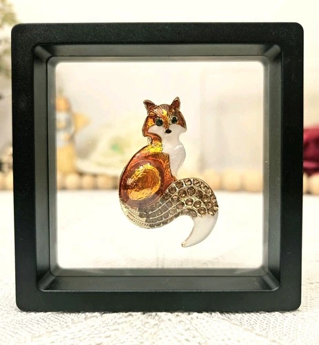 Vintage • Gold-Tone Enamel Fox Brooch •  Costume Jewellery Pin • Rhinestones