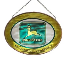 Vintage John Deere Tractor Farm Equipment Sun Catcher Glass Oval Hanging 7" X 5"