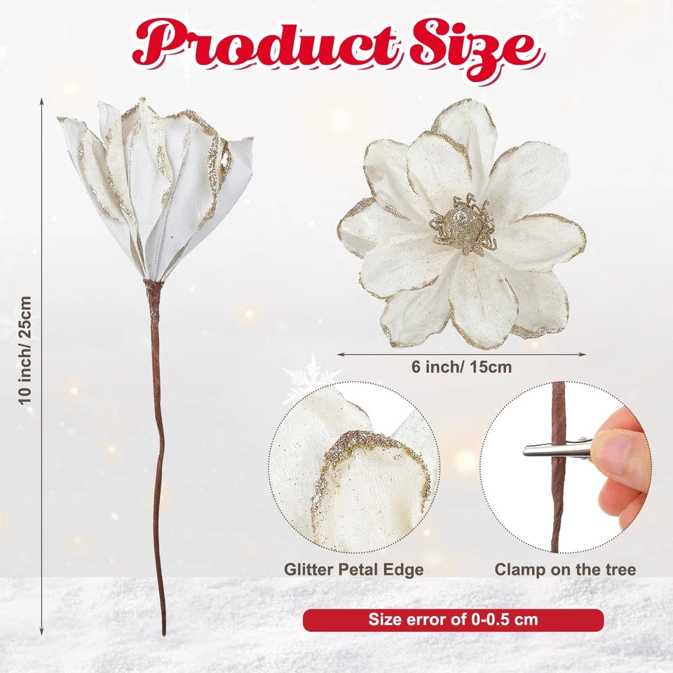 10 Piezas Flores Brillo Navidad 6"" Flores Magnolia Árbol de Navidad Decoración... Foto 2 de 4