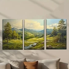 3pcs Mountain Scene with a Stream Wall Art Canvas Framed 50x70cm
