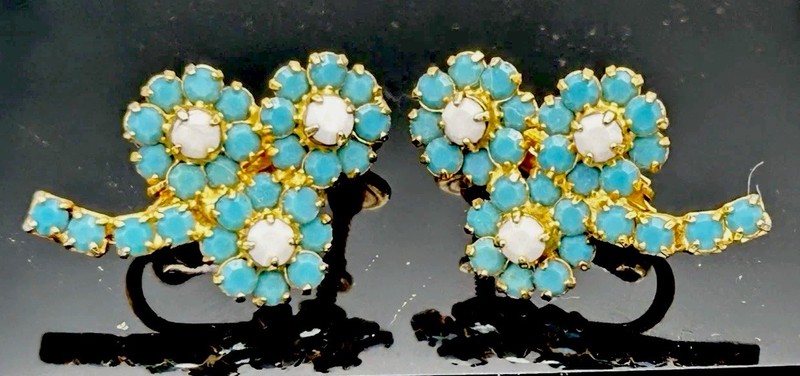 Vintage Signed Hobe Turquoise Blue Iridescent Opaline Glass Flower Earrings