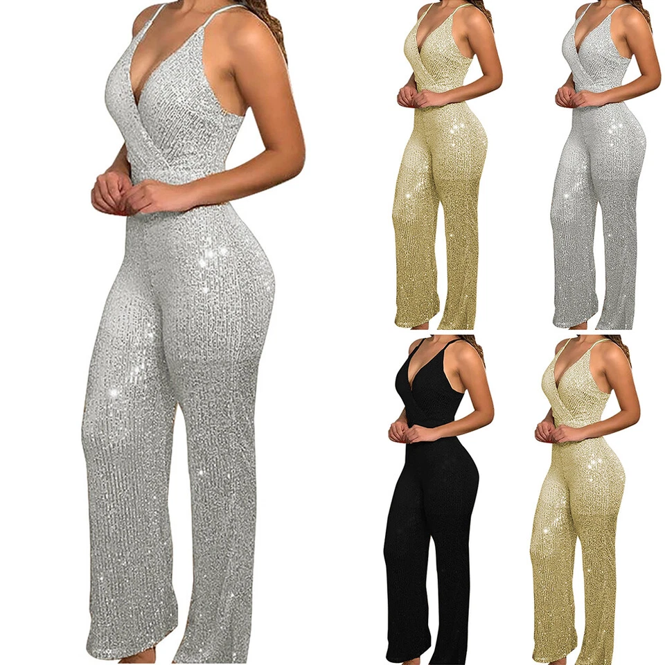 Damen Glitzer Party Overall Jumpsuit Elegant V-Neck Cocktail Hosenanzug Clubwear - Bild 2 von 4